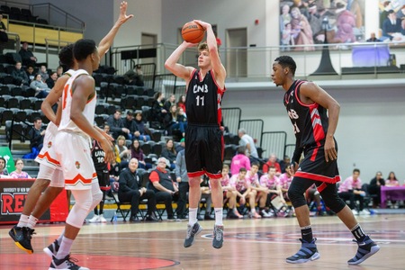 UNB's Sterling Simpson puts up a shot during Sunday's 85-70 win over the Cape Breton Capers. Simpson was a perfect 6-for-6 shooting in the victory. (Photo: James West/for UNB Athletics)