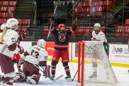 UNB's Paige Grenier celebrates her first period goal in Wednesday's 3-1 win over the U SPORTS No. 2 ranked Saint Mary's Huskies. (Photo: James West/for UNB Athletics)