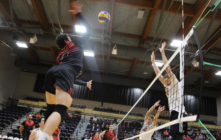 UNB's Connor McConnell prepares to play the ball to the Winnipeg Wesmen during Wednesday's exhibition match. The Wesmen won in straight sets. The two teams meet again on Thursday. (Andy Campbell/UNB Athletics)
